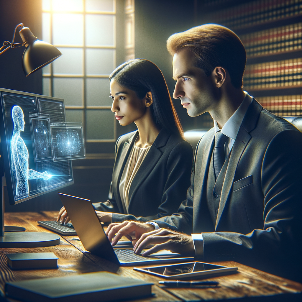 Anwalt mit Laptop, KI-Analysen, digitale Zukunft.