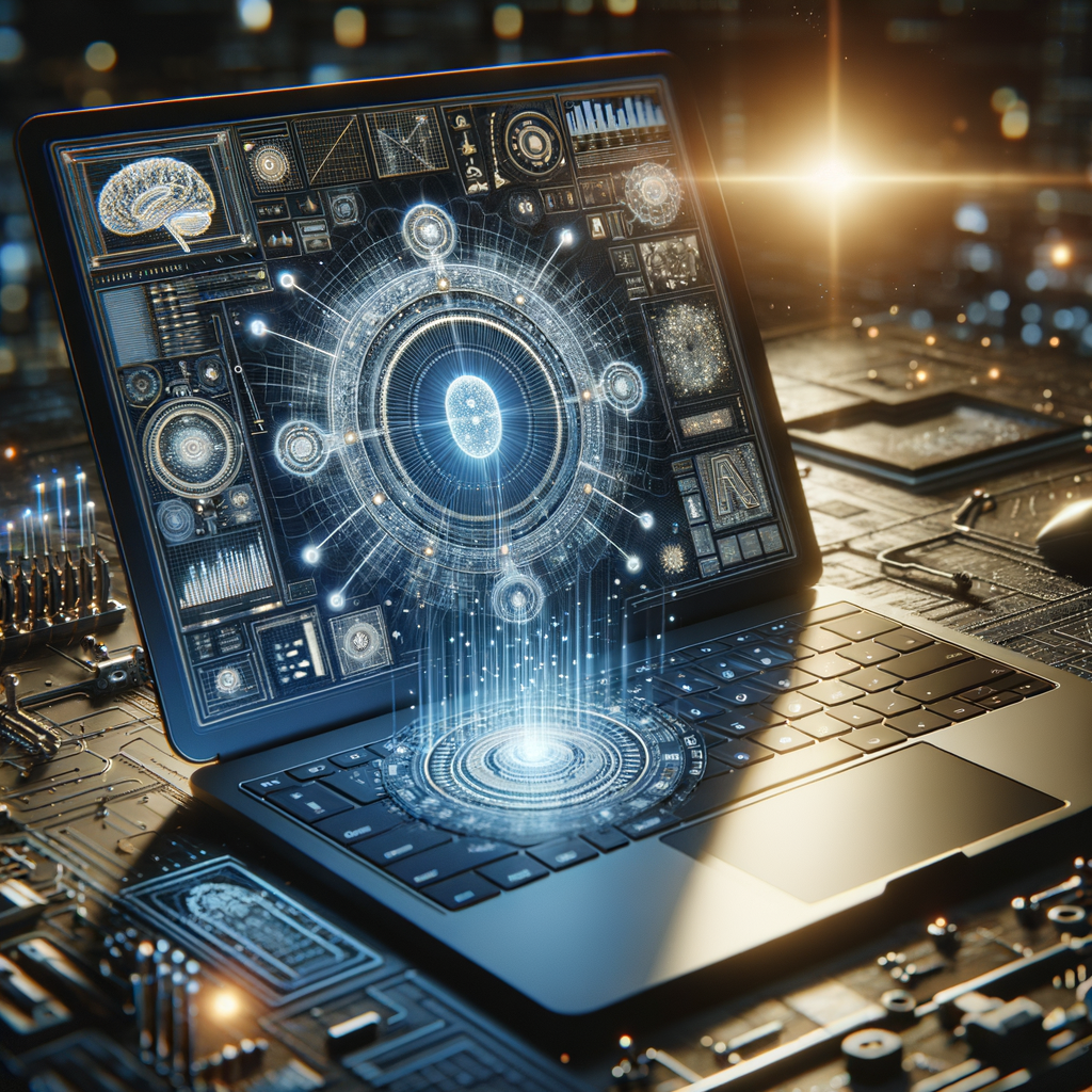 Ein Laptop mit KI-Symbolen und Diagrammen.
