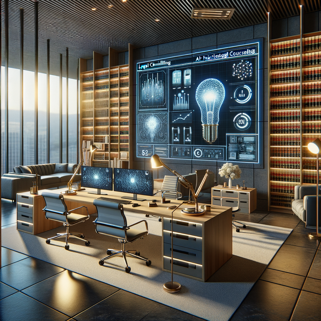 Moderne Kanzlei mit KI-unterstützter Rechtsberatung.