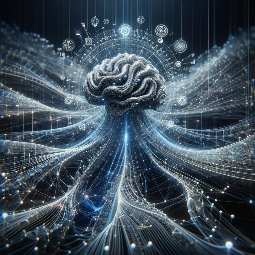 Neuronen-Netzwerk mit Datenströmen und Technologie-Symbolen.