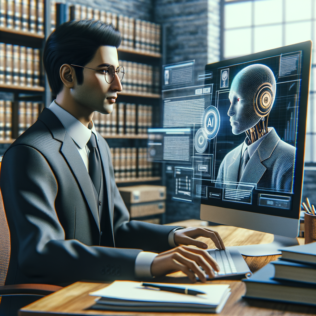 Rechtsanwalt vor Computer, KI analysiert Dokumente.