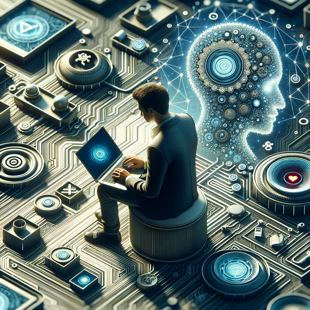 Selbständiger mit Laptop, umgeben von KI-Symbolen.