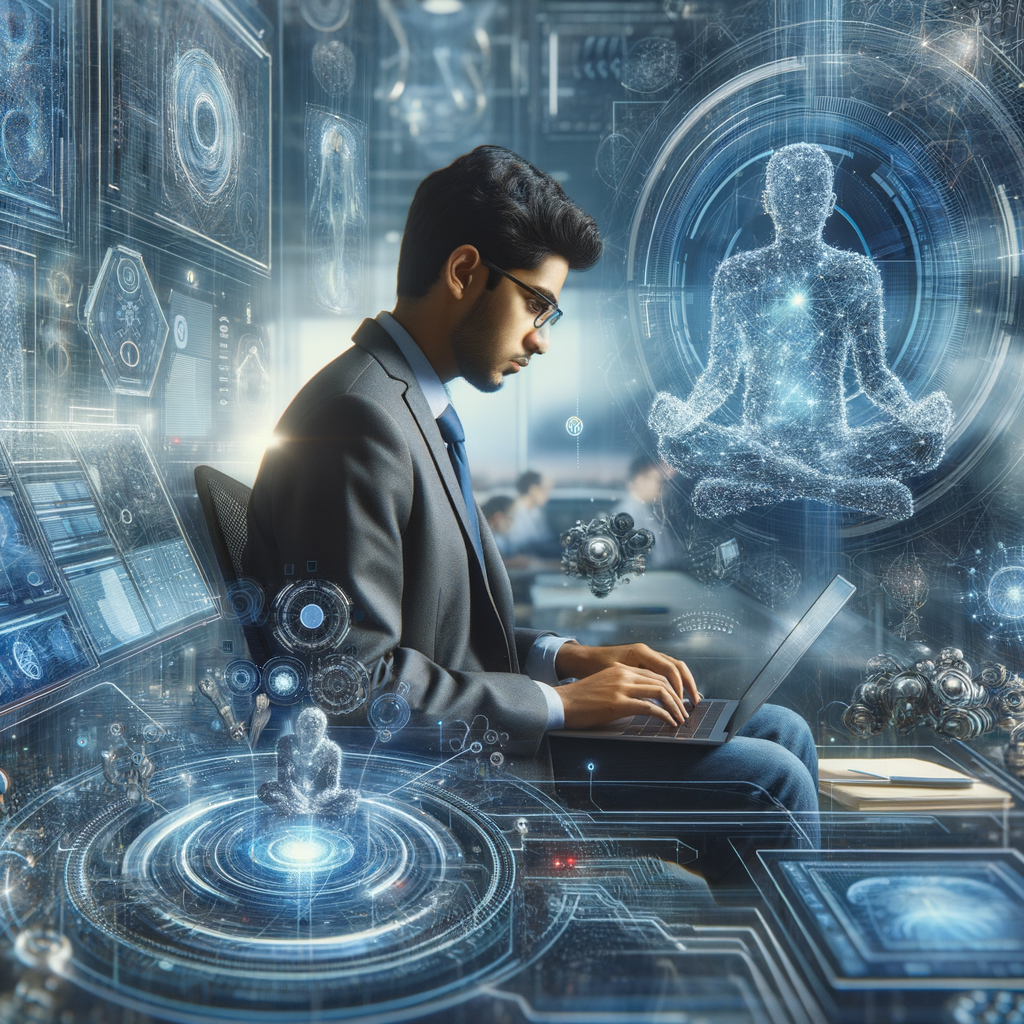 Selbständiger mit Laptop, umgeben von KI-Technologie.