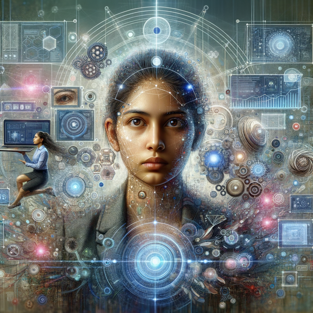 Selbständiger umgeben von KI-Technologie und Daten.