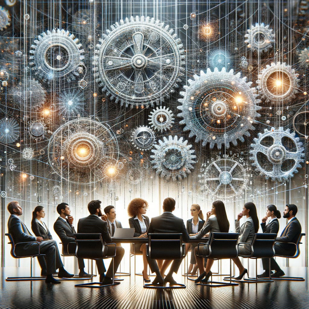 Algorithmische Netzwerke, Zahnräder und Geschäftsleute in Besprechung.