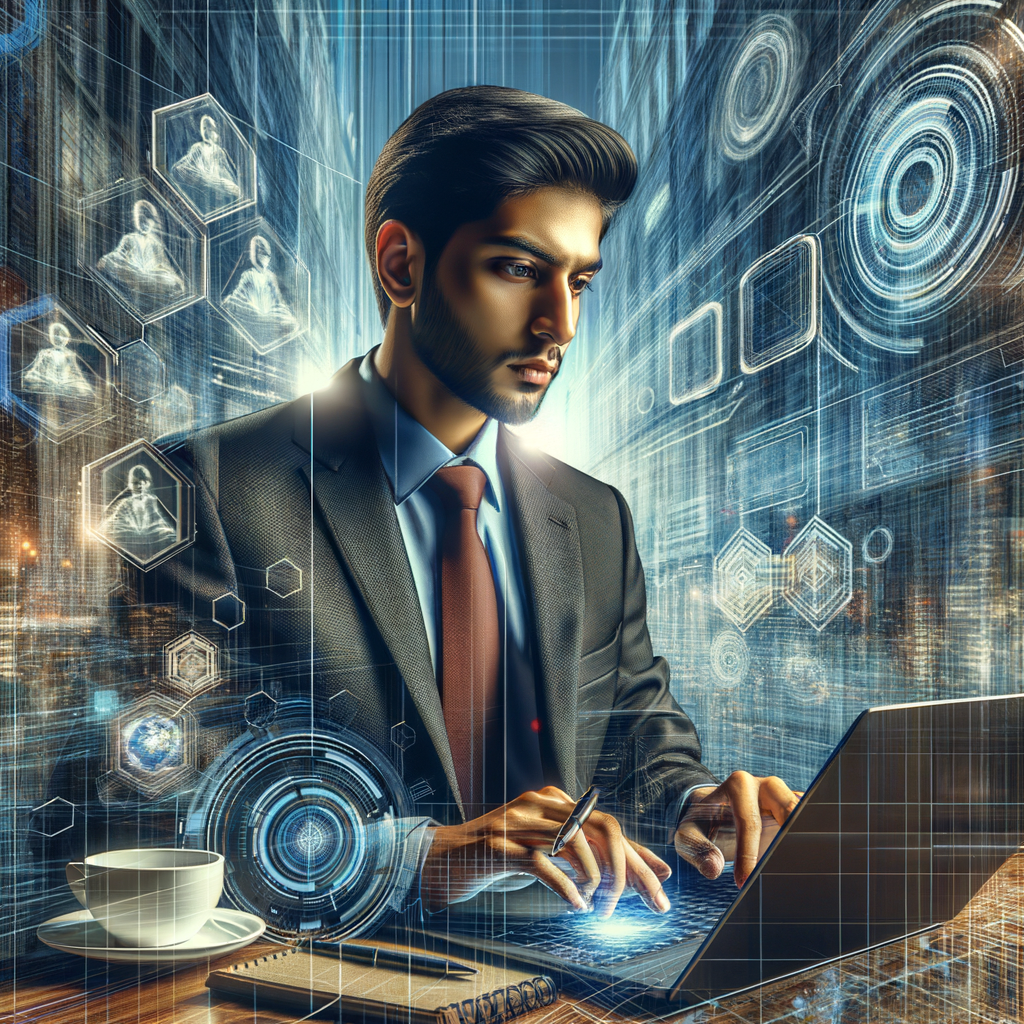 Anwalt mit Laptop, umgeben von KI.