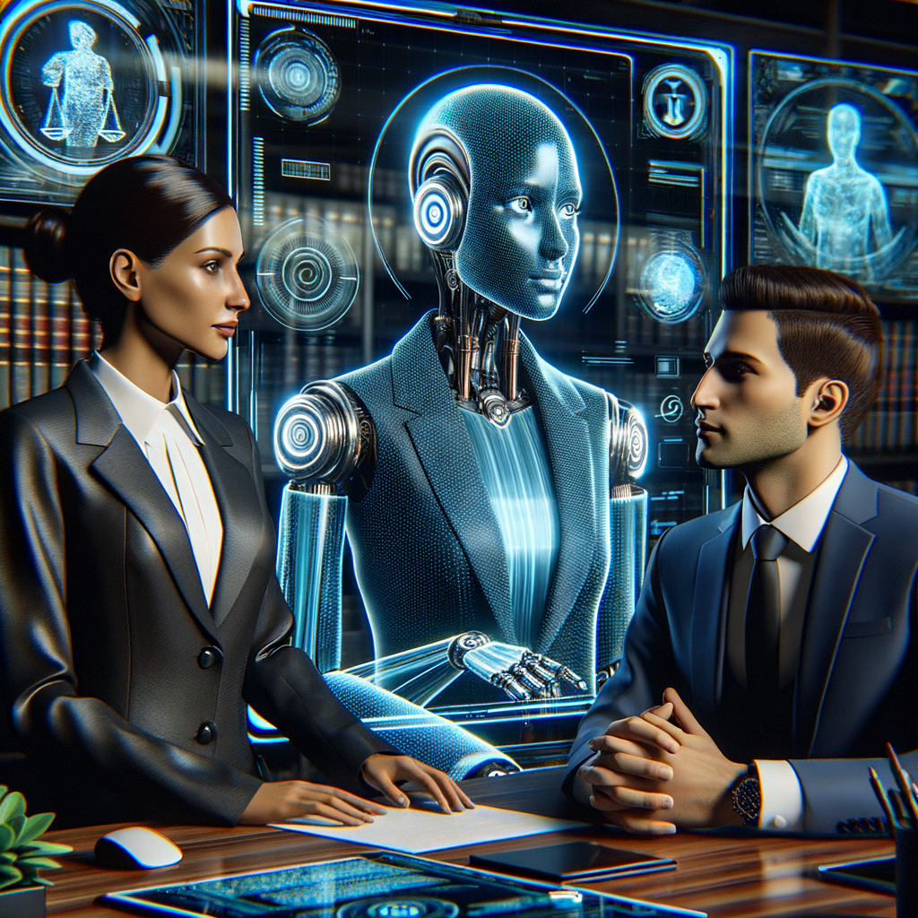 Digitale Kanzlei mit KI, Anwalt und Mandant.