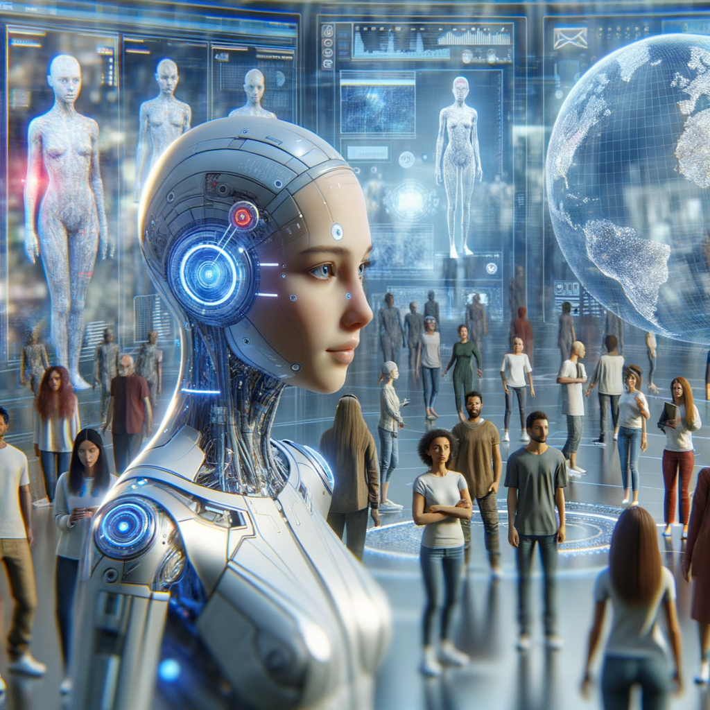 Futuristische Avatare interagieren in digitaler Landschaft.