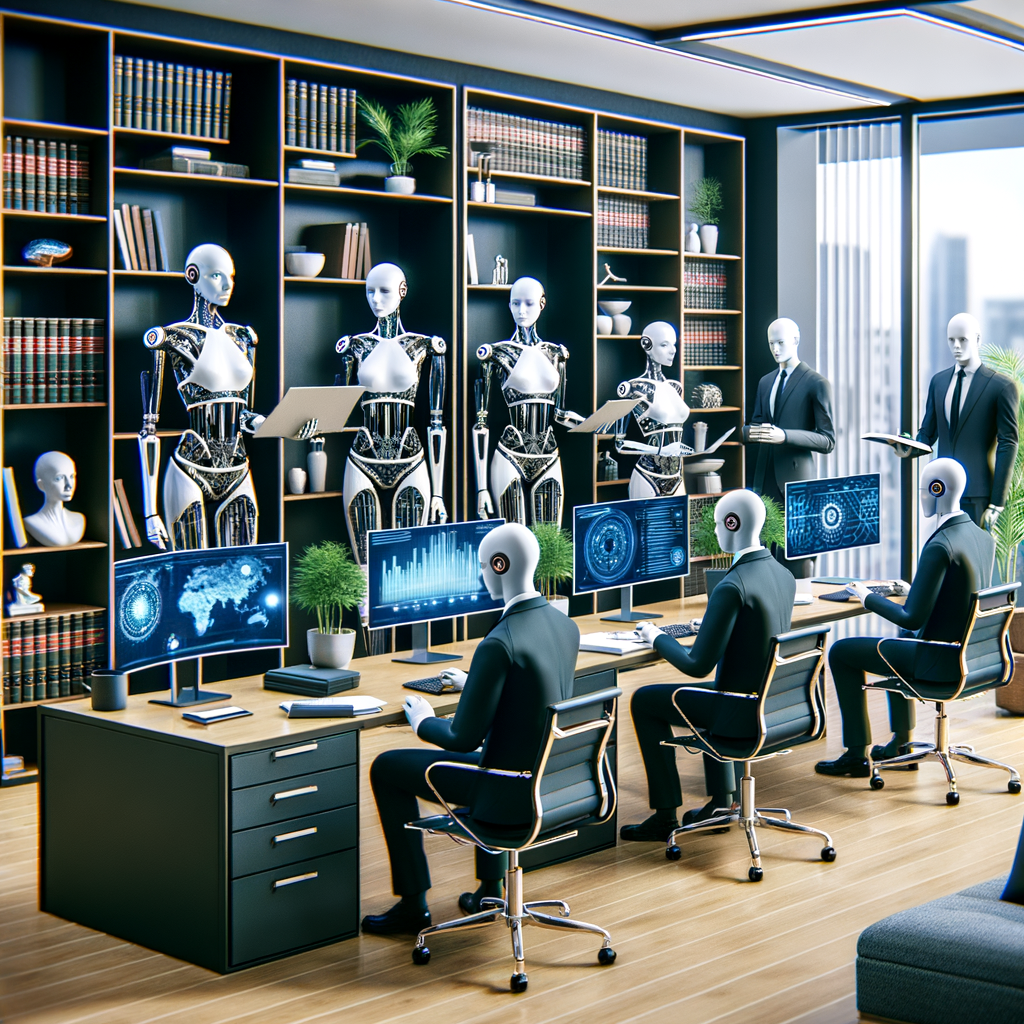 Moderne Kanzlei mit KI-gesteuerten Avataren.