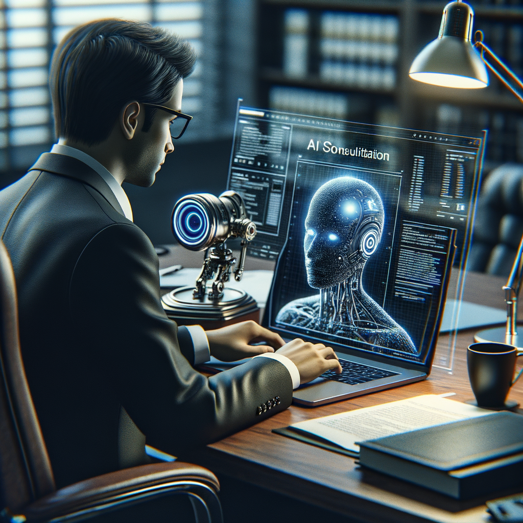 Rechtsanwalt an Laptop, KI-gestützte Beratung.