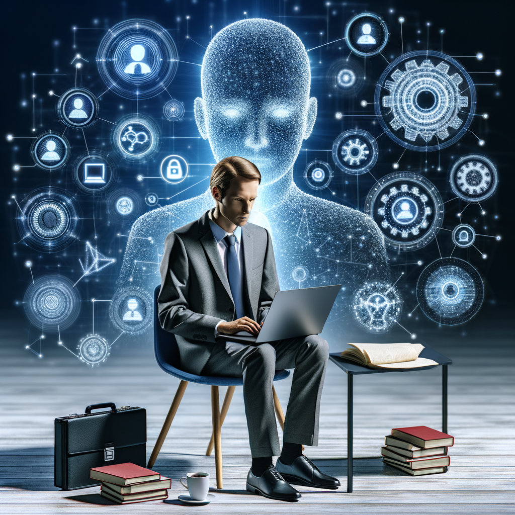 Selbständiger mit Laptop, umgeben von KI-Symbolen.