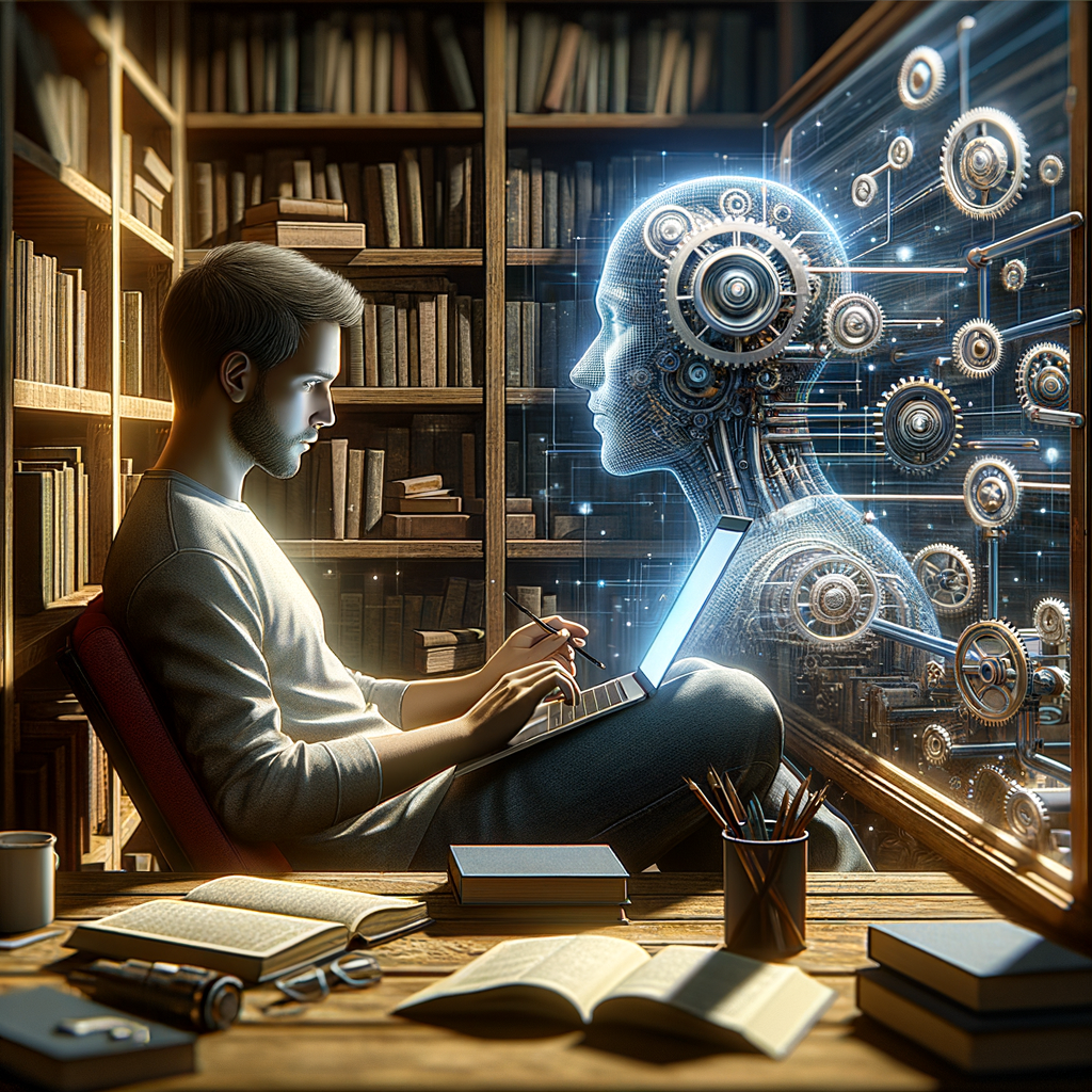 Selbständiger mit Laptop, umgeben von KI-Technologie.