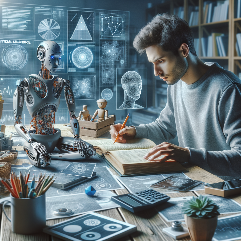 Selbständiger umgeben von KI-Tools und Diagrammen.