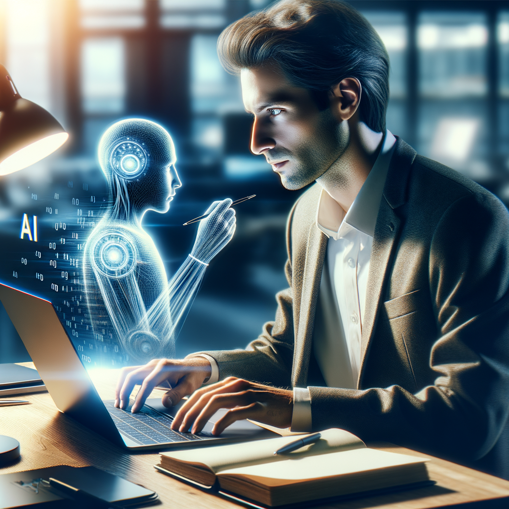 Selbstständiger arbeitet mit KI-gestütztem Laptop effizient.