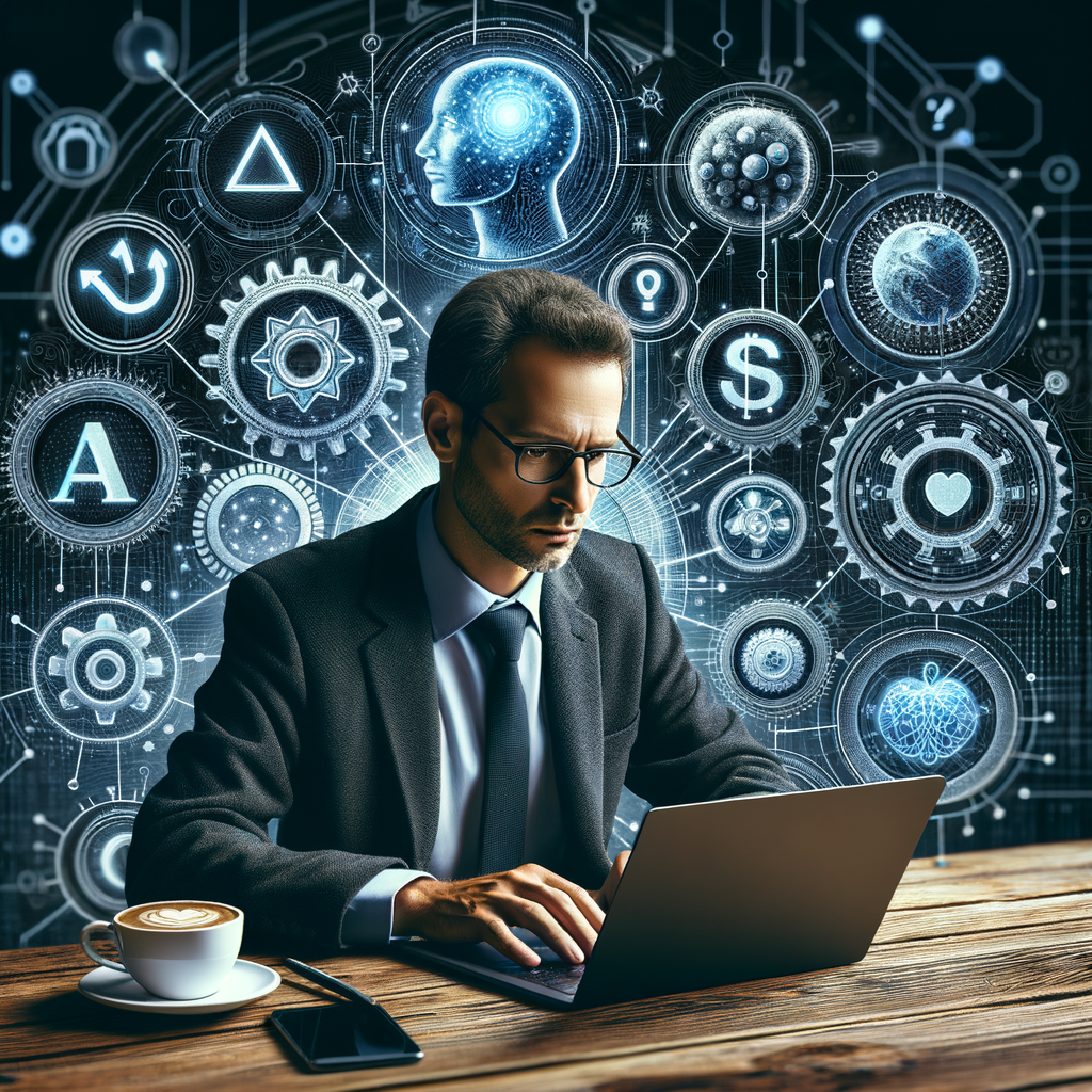 Selbstständiger mit Laptop, umgeben von KI-Symbolen.