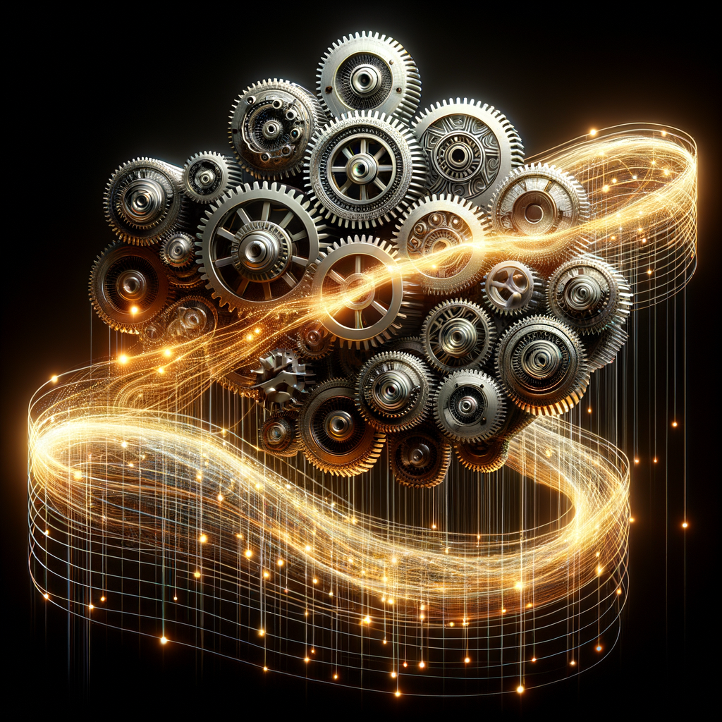 Algorithmusnetzwerk mit Zahnrädern und Datenströmen.