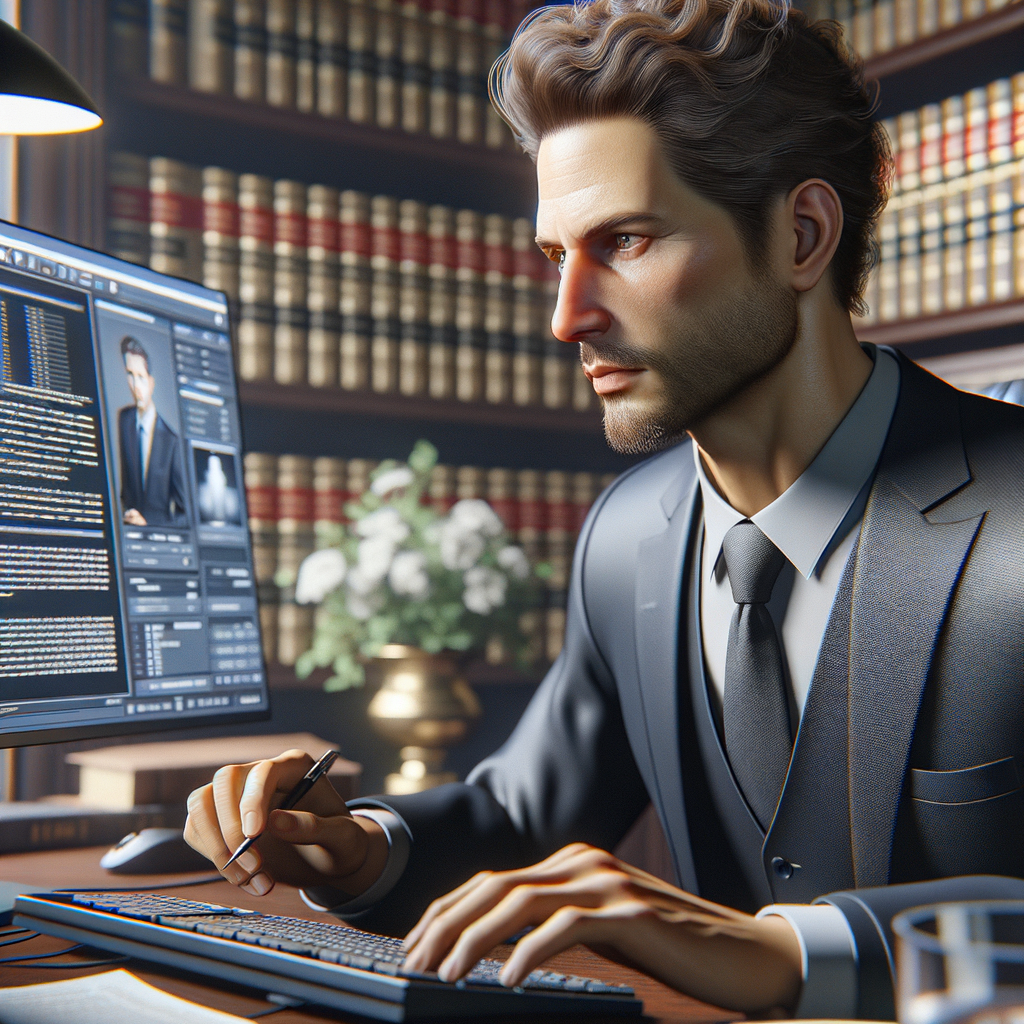 Anwalt vor Computer mit digitalen Dokumenten.