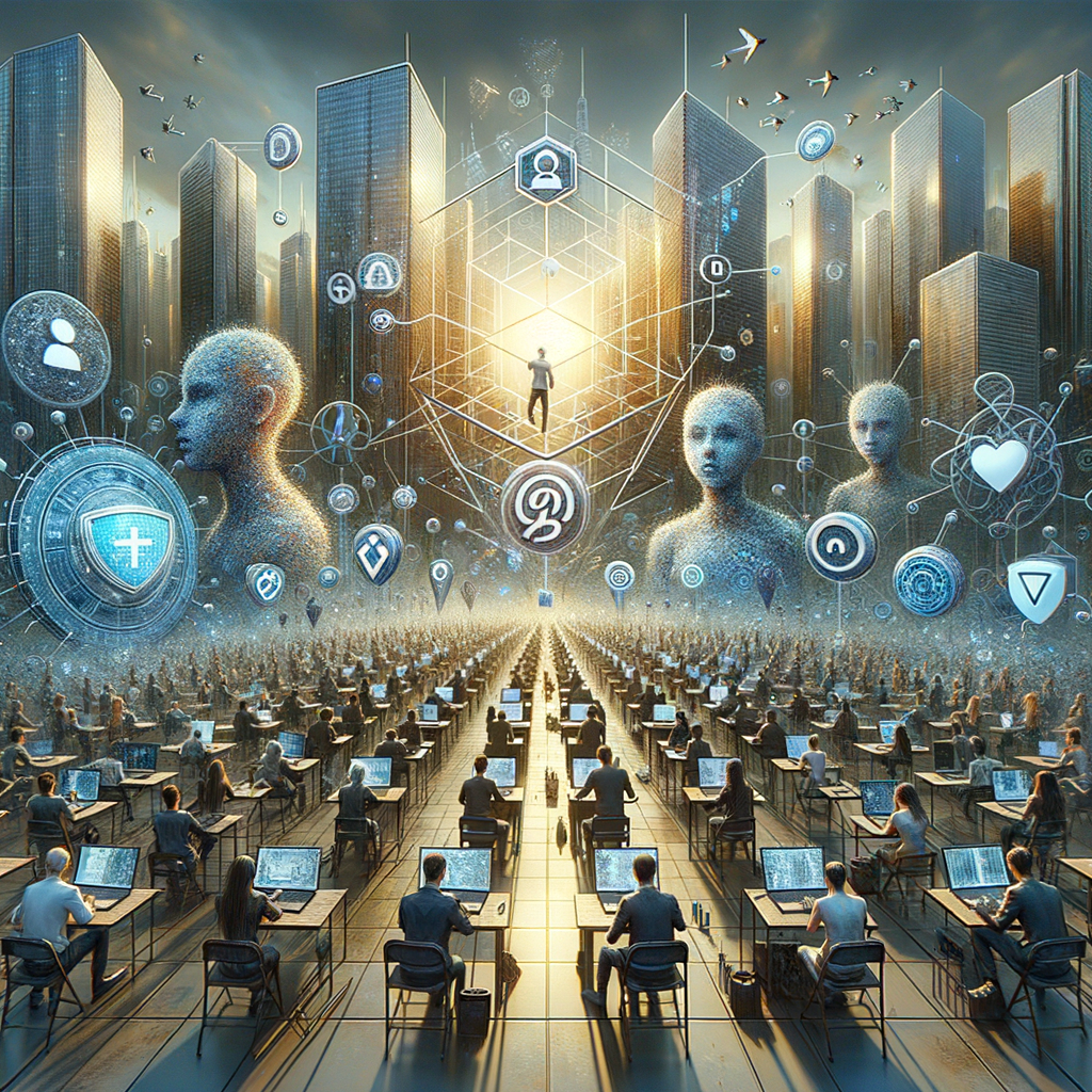 Avatare, Datenschutzsymbole, ethische Richtlinien, digitale Vernetzung.