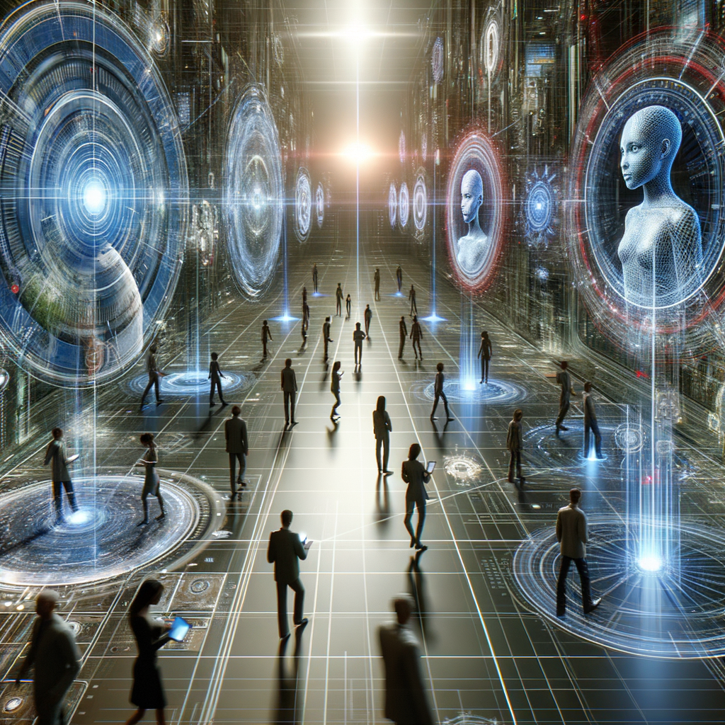 Avatare interagieren nahtlos in futuristischer digitalen Umgebung.