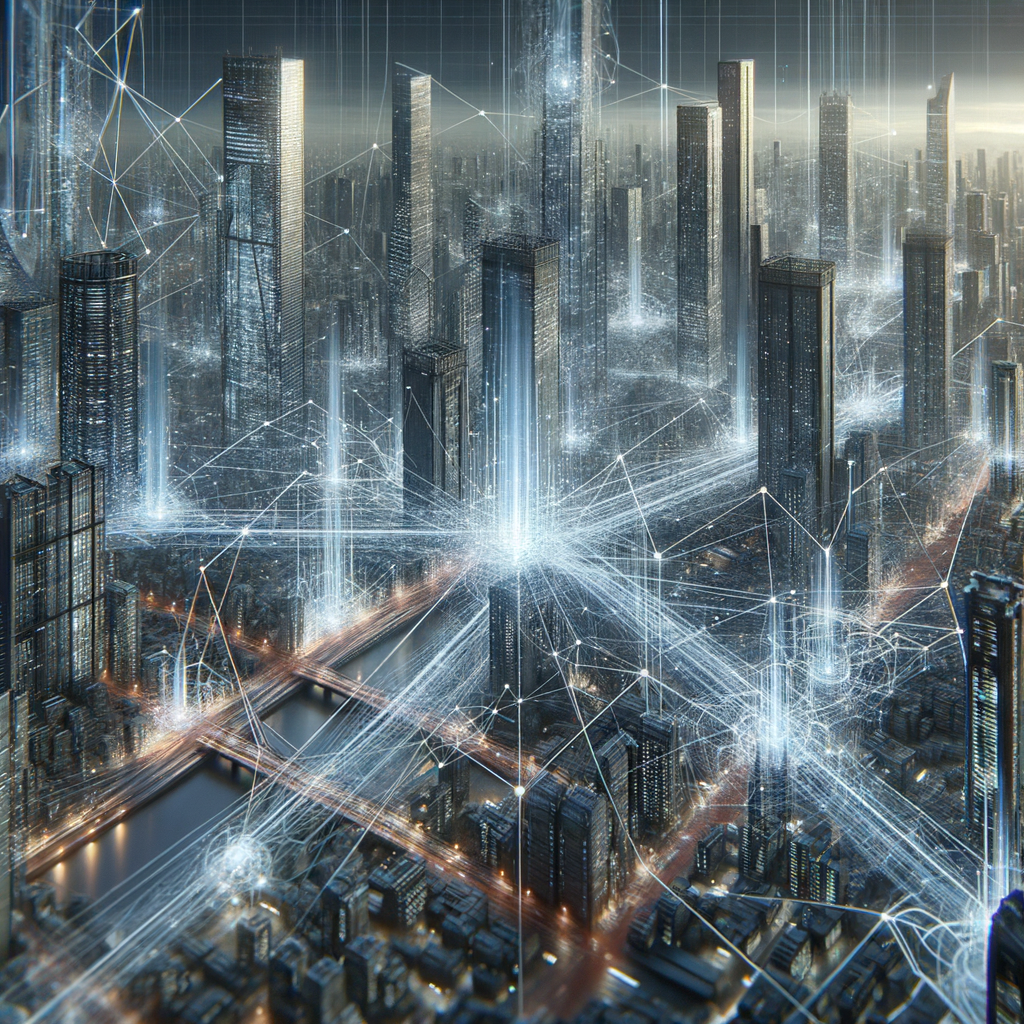 Futuristische Stadt mit Datenströmen und Netzwerken.