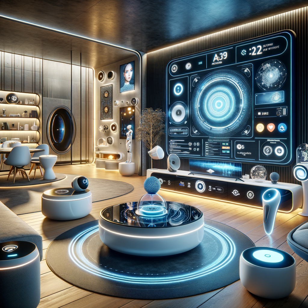 Futuristisches Wohnzimmer mit KI-unterstützten Smart-Geräten.