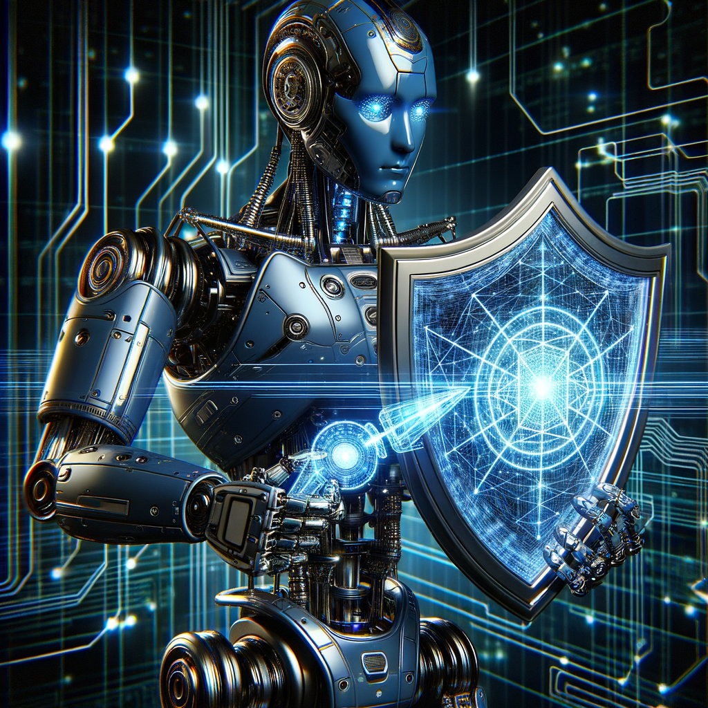 Roboter schützt Netzwerk mit digitalem Schild.