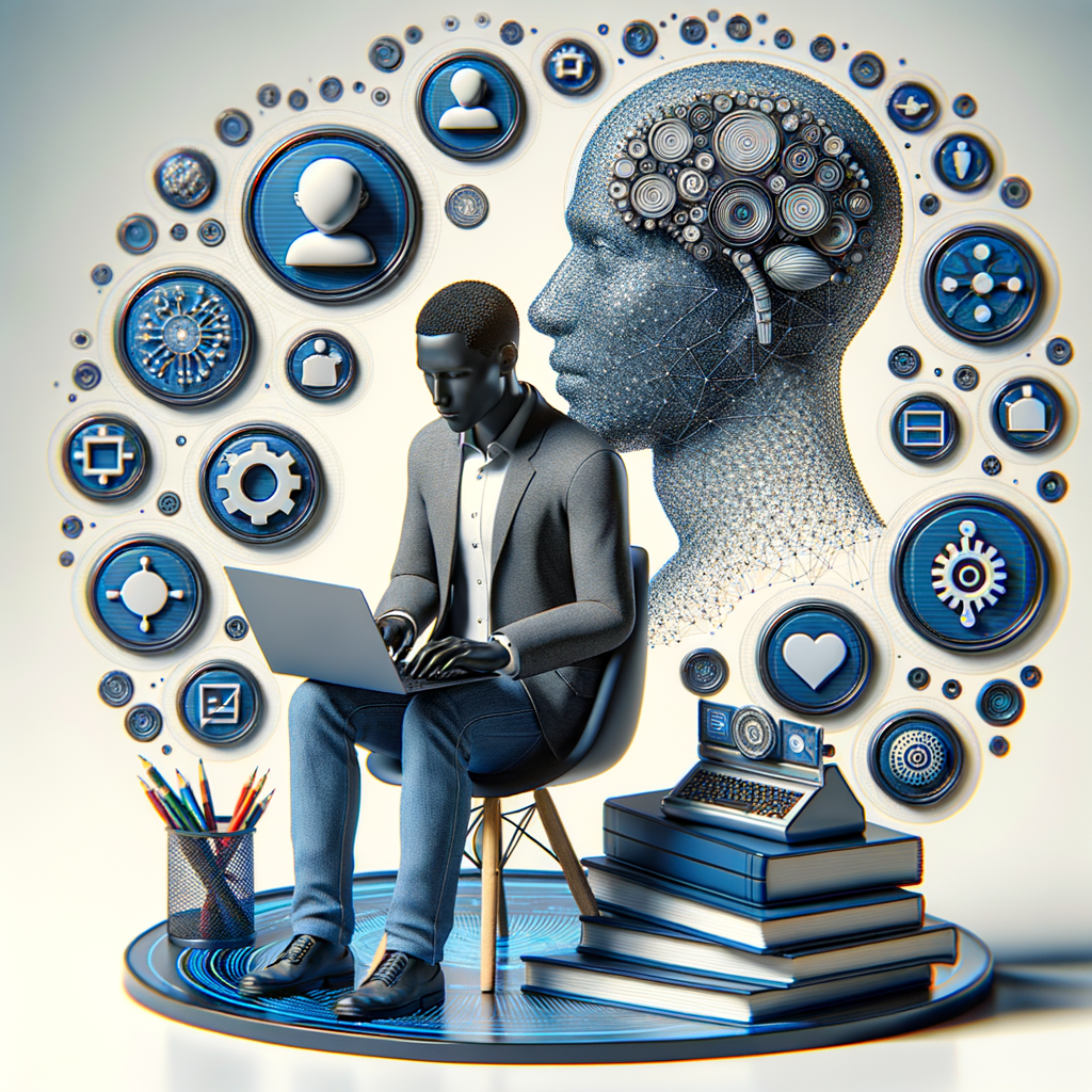 Selbständiger mit Laptop, umgeben von KI-Icons.