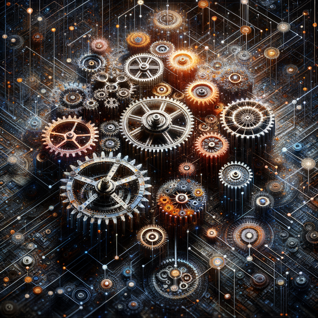 Algorithmen-Diagramm, Zahnräder, Evolution, Entscheidungsbaum, Netzwerke.