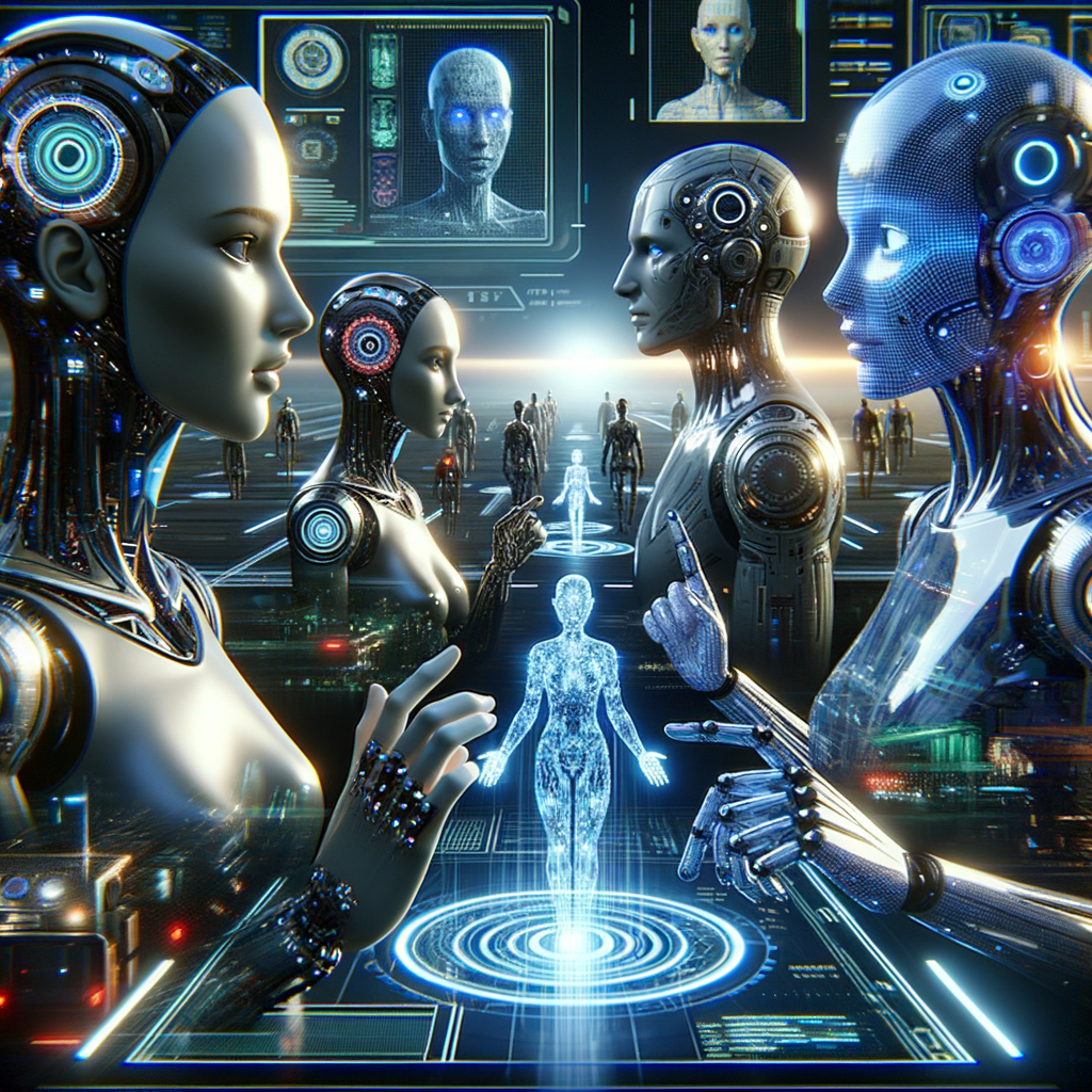 Futuristische Avatare interagieren durch fortschrittliche AI-Kommunikation.