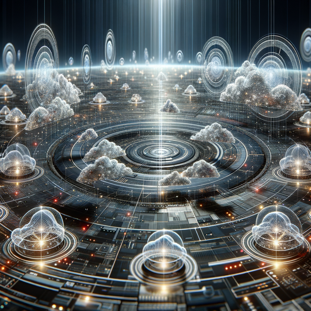 Futuristische Netzwerklandschaft mit schwebenden digitalen Schutzschilden.