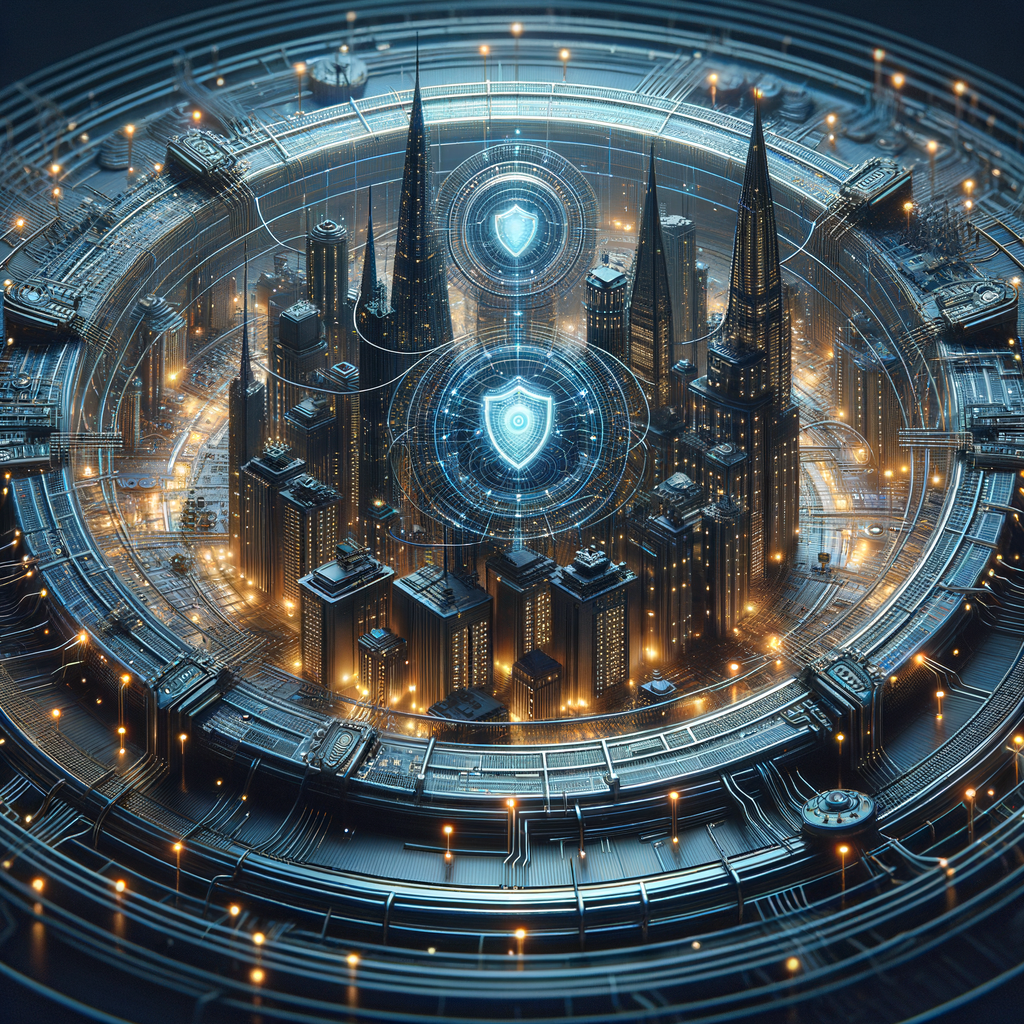 Futuristisches Netzwerk mit KI-gesteuerten Sicherheitsbarrieren.