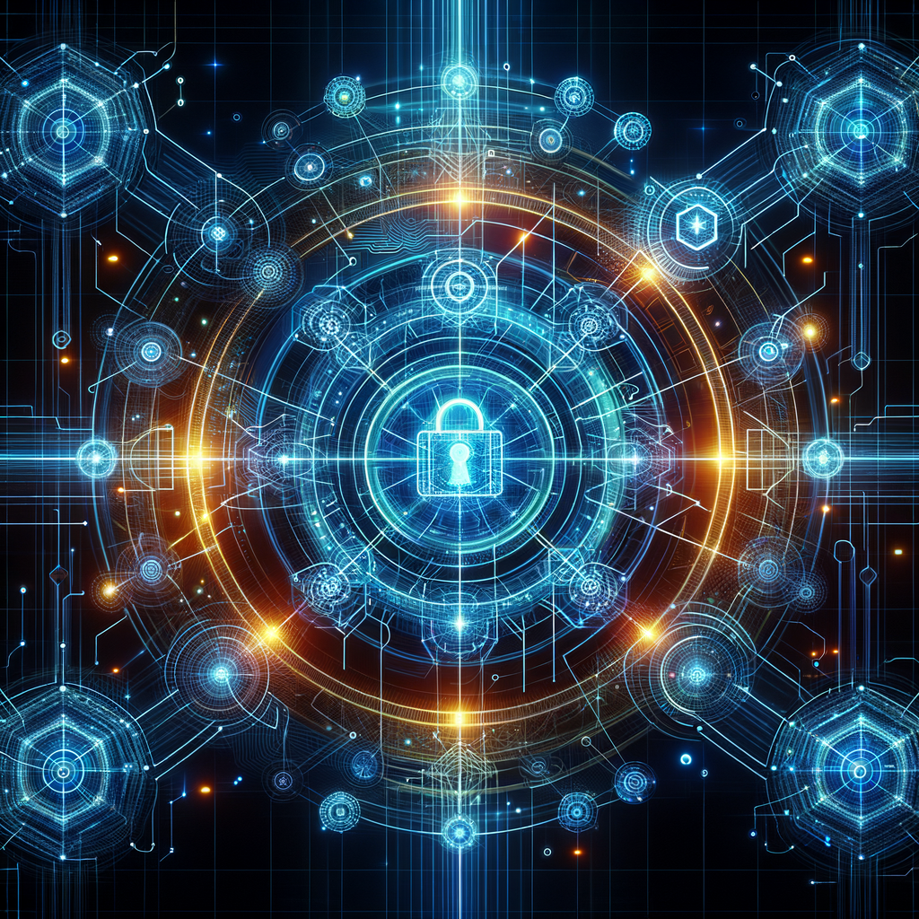 Futuristisches Netzwerkdiagramm mit leuchtenden Sicherheitsmustern.