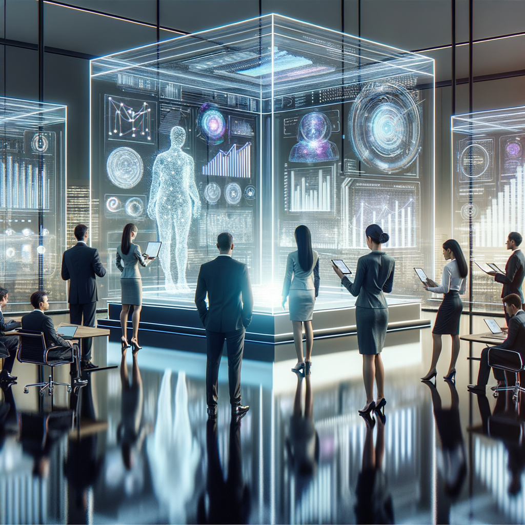 Geschäftsleute interagieren mit KI-gesteuerten Hologrammen.