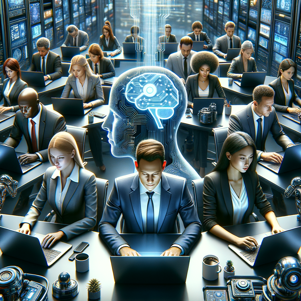 Geschäftsleute umgeben von KI-gestützter Technologie.