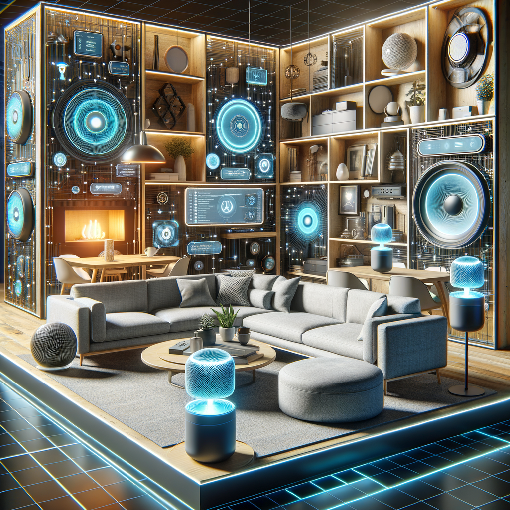 Hightech-Wohnzimmer mit sprachgesteuerten Smart-Home-Geräten.