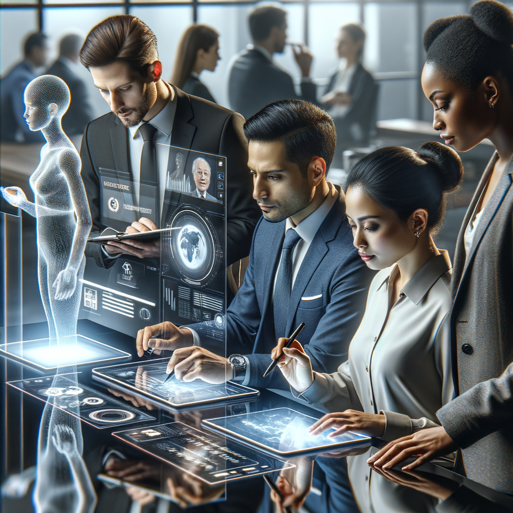 KI-gestützte Geschäftsleute arbeiten mit digitalen Assistenten.