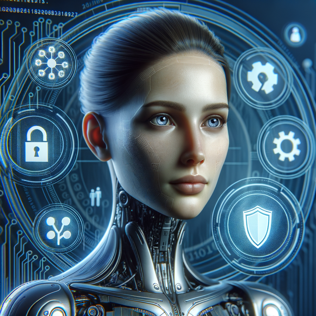 Kommunizierende Avatare, Datenschutz-Symbole, innovative AI-Technologie.