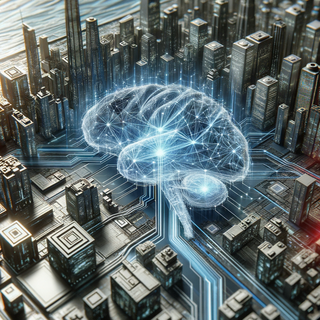 Neuronales Netz, Codezeilen, Datenströme, futuristische Stadtlandschaft.