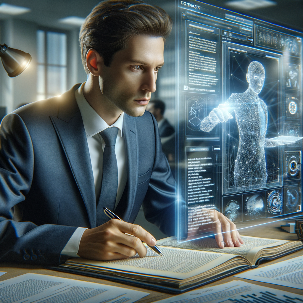 Rechtsanwalt analysiert Verträge mit KI-Software.