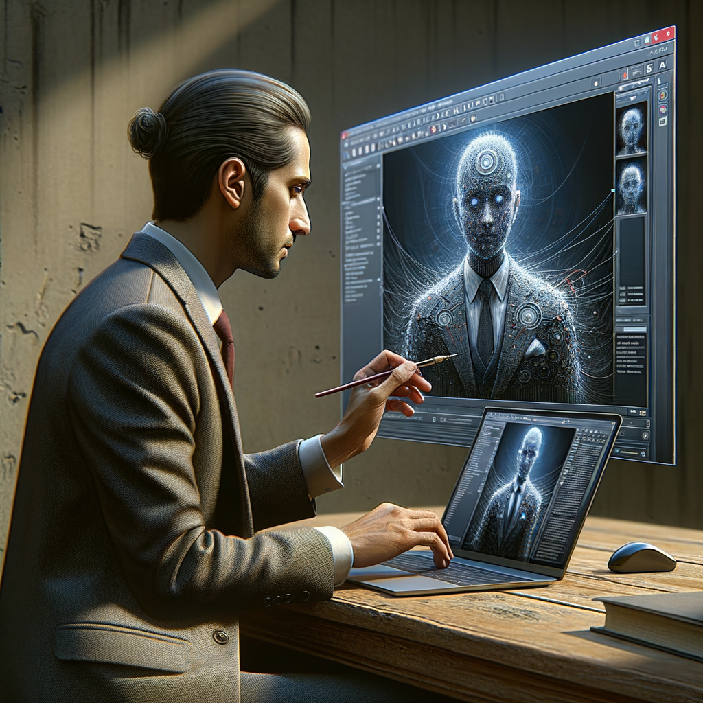 Rechtsanwalt mit Laptop, KI-Analyse im Fokus.