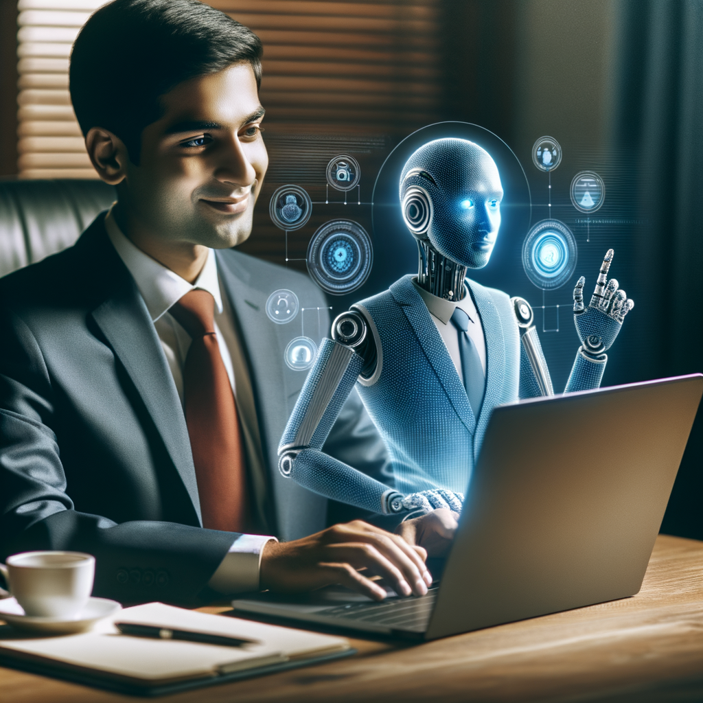 Rechtsanwalt mit Laptop, KI-Interface, zufriedener Mandant.