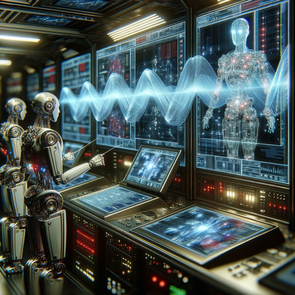 Roboter analysieren Cyberdatenströme in futuristischer Umgebung.