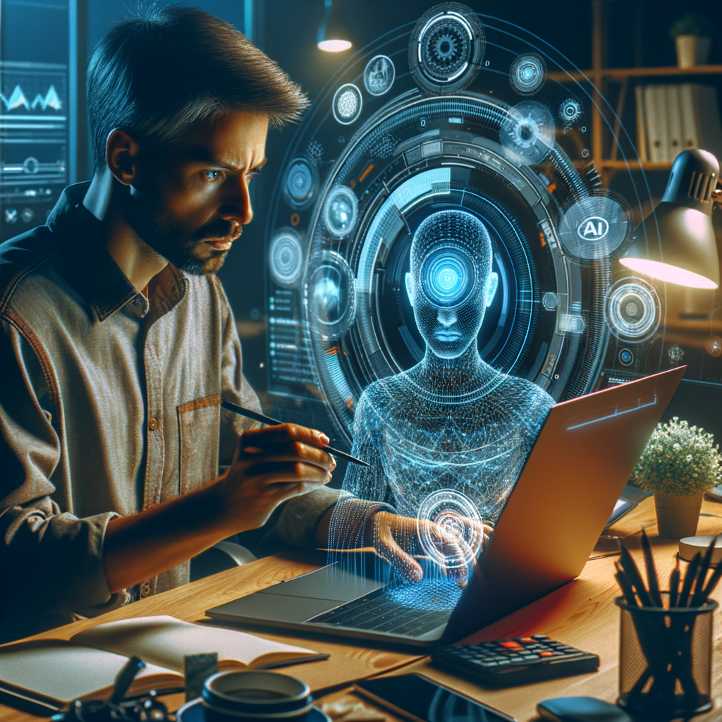 Selbständiger mit holografischen Datenanalysen und KI-Tools.