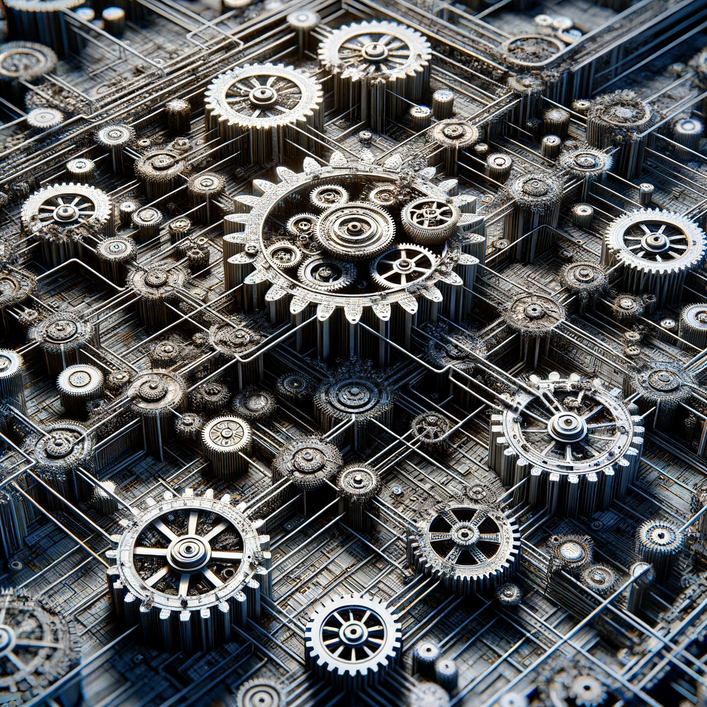 Algorithmen visualisiert als verzweigte Netzwerke und Zahnräder.