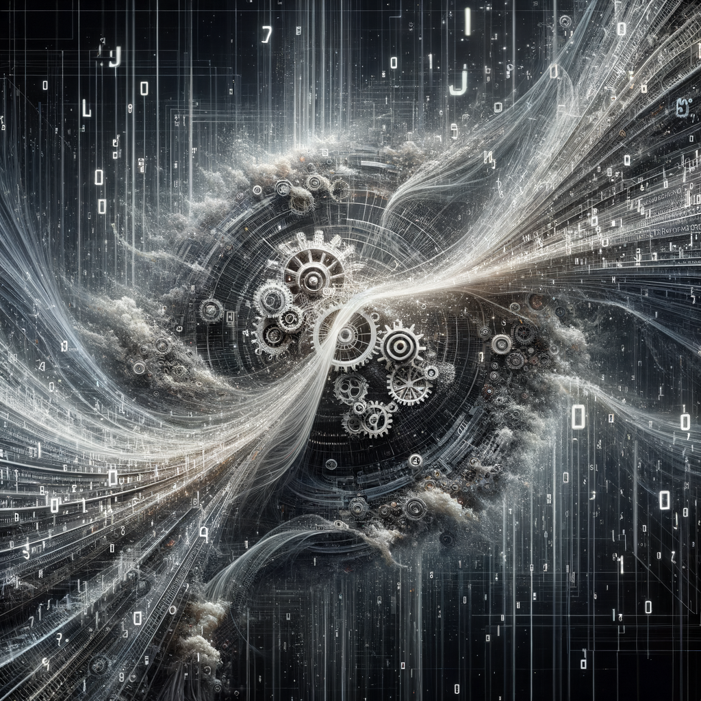 Algorithmische Symbole, Datenströme und vernetzte Zahnräder.