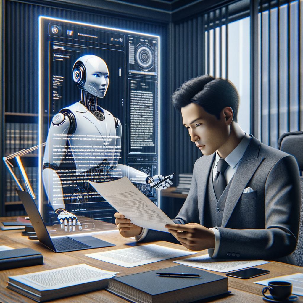 Anwalt mit KI-Assistenz analysiert Verträge effizient.