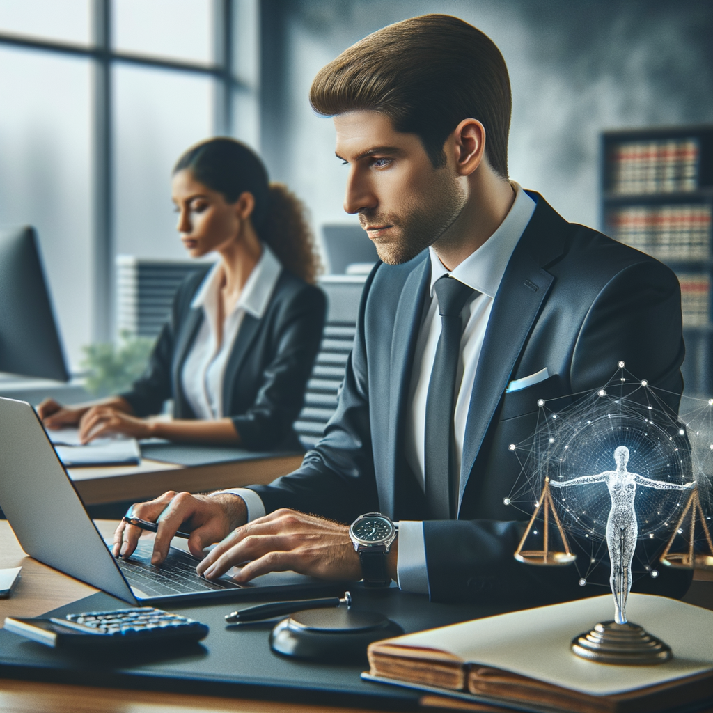 Anwalt mit Laptop, KI-Analysen, digitale Rechtsberatung.