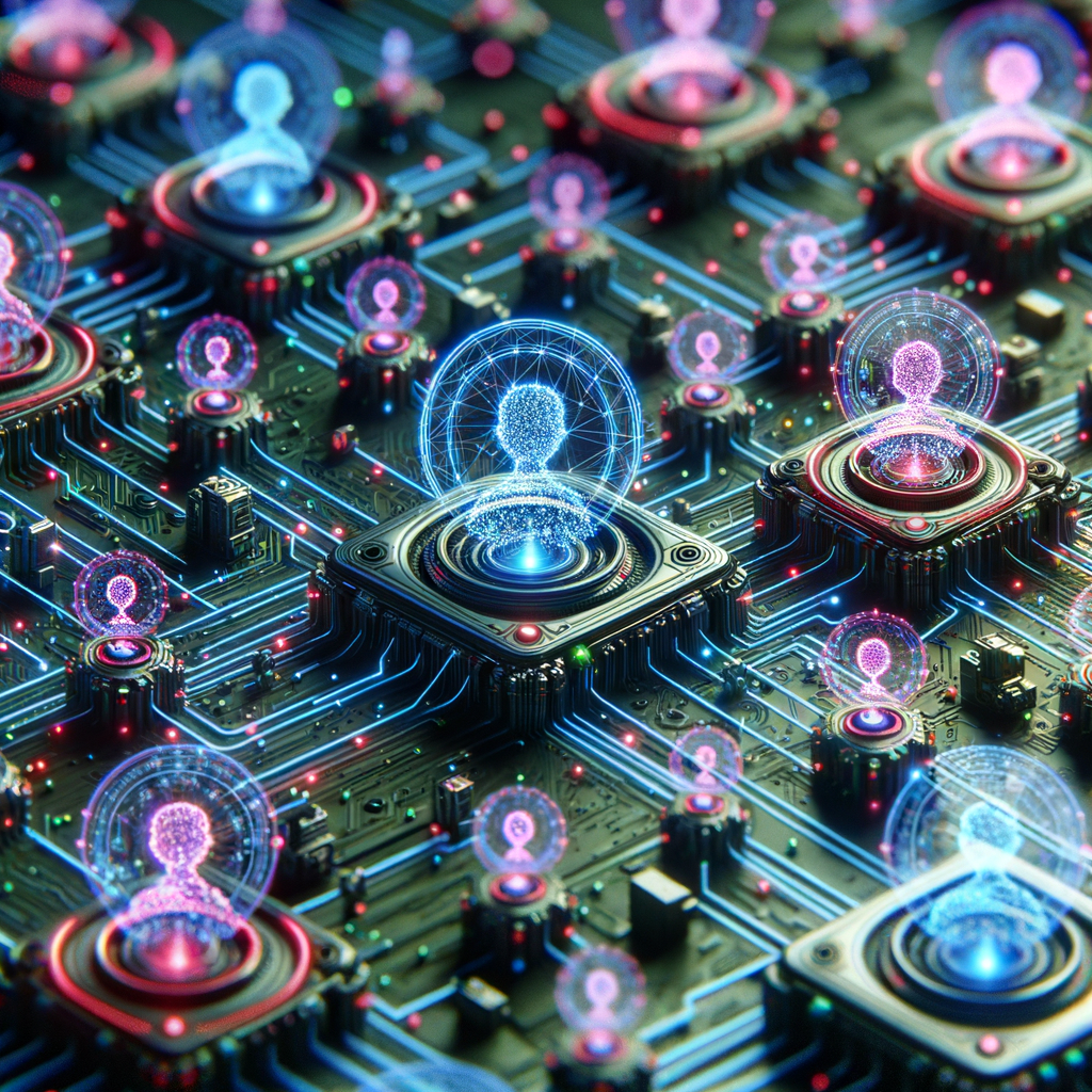 Cybernetzwerk mit schwebenden KI-Symbolen und Schutzschilden.