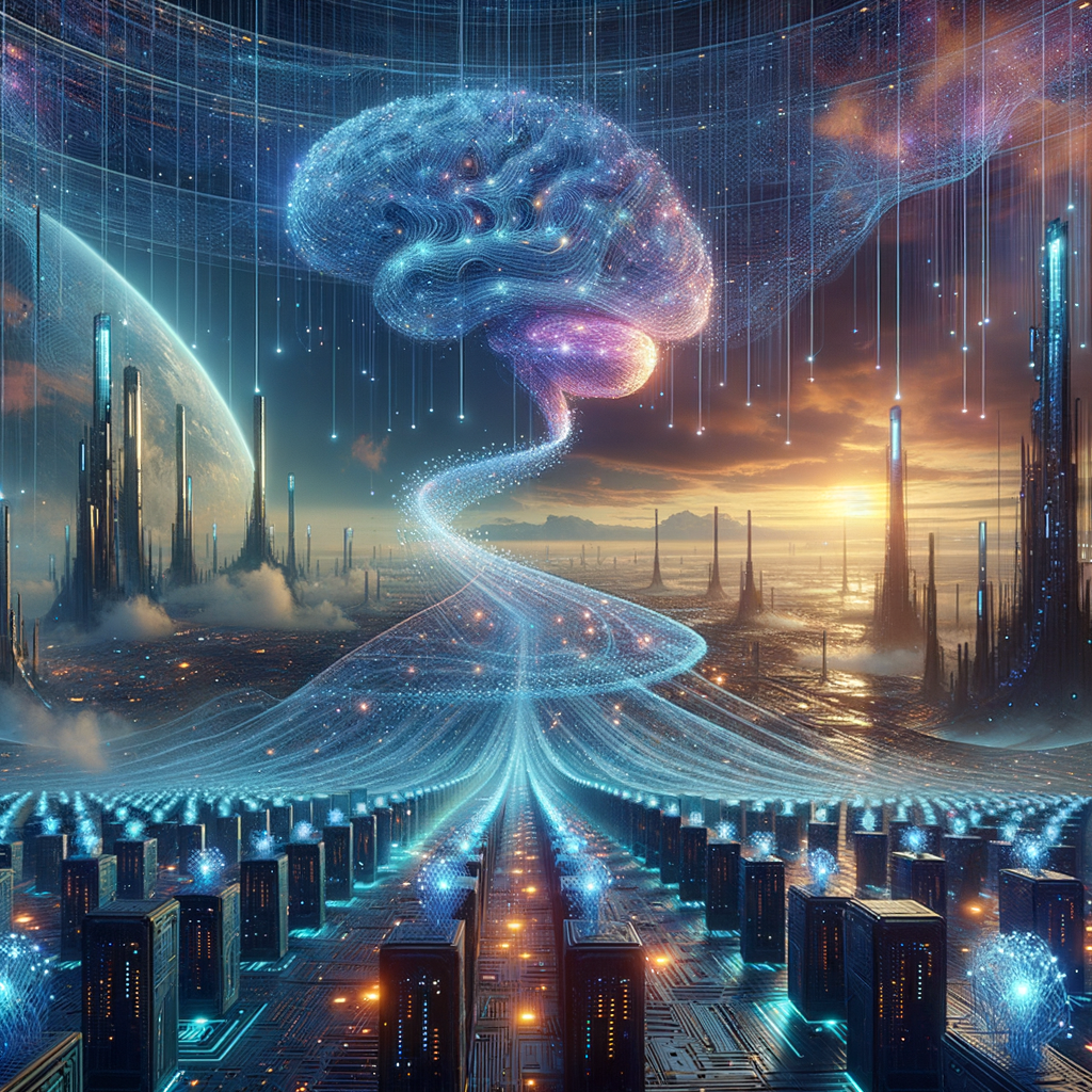 Futuristische Landschaft mit vernetzten digitalen Gehirnen.