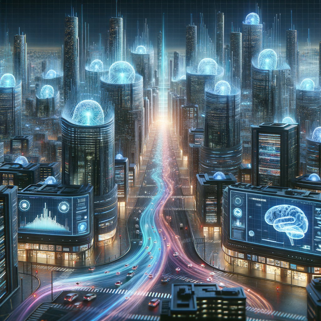 Futuristische Stadt mit digitalen, vernetzten Gehirnen.